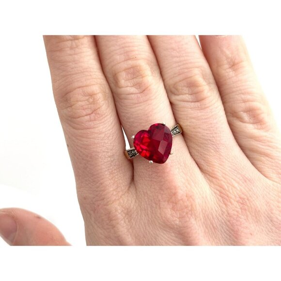 Heart Shaped Garnet Gemstone Vermeil Marcasite Vintage Vintage Ring - sz 8.5 - Picture 9 of 10